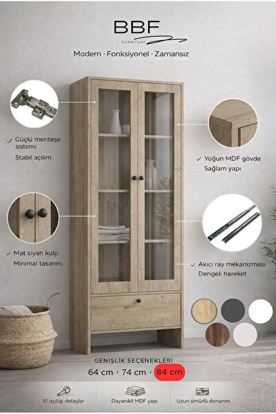 BBF Furniture 84 cm Cam Kapaklı Vitrin ve Kitaplık – 5 Raflı, Çekmeceli, Çok ...