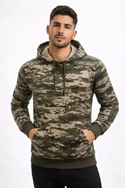 Butik Men's Camouflage Patterned 2 Thread 4 Season Hooded Kangaroo Pocket Hoo...
