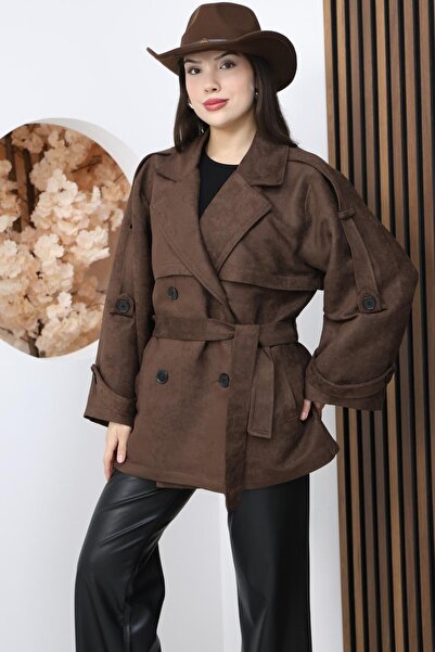 FAMODA Kadın Acı Kahve Yüksek Bel Kemerli Süet Görünümlü Kısa Trençkot Ceket