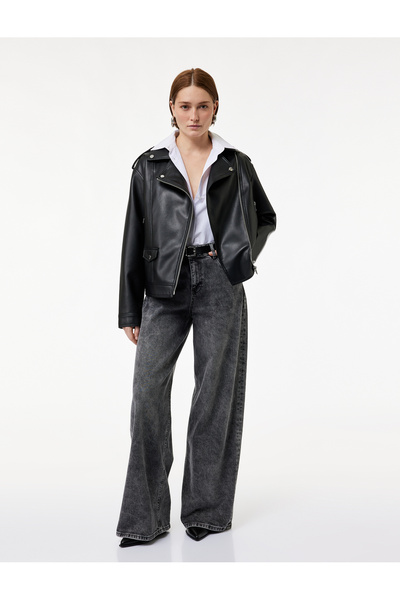 Koton Long Sleeve Zippered Oversize Biker Faux Leather Jacket