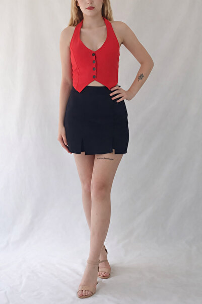 MRV DESIGN Red Decorated Buttons Steel Knitted Fabric Vest Bustier