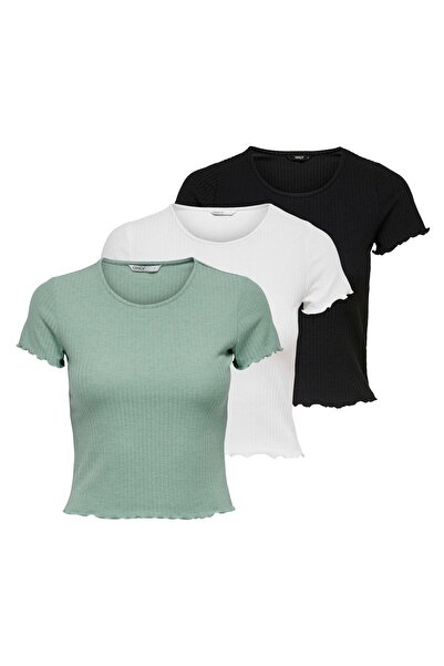 ONLY Damen T-Shirt 3er Pack - ONLEMMA SHORT TOP, Rundhals, Cropped, gerippt, ...