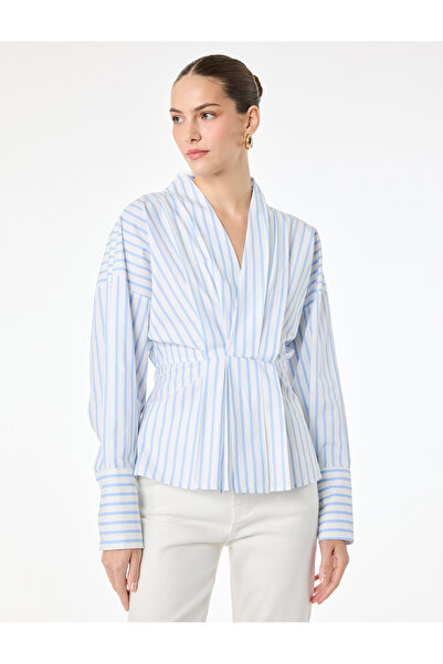 Koton Βαμβακερή μακρυμάνικη μπλούζα ποπλίνα με ελαστική μέση και ριγέ λαιμόκο...