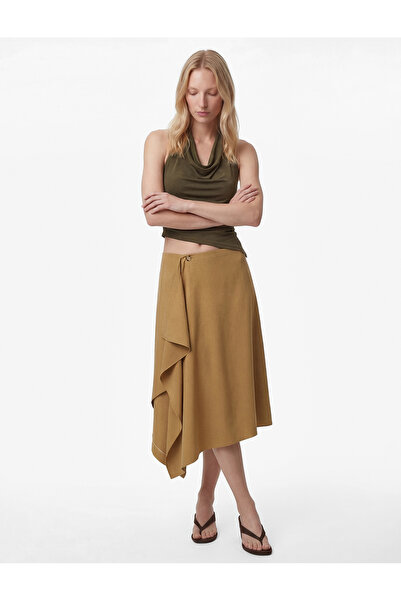 Koton Layered Button Detailed Regular Waist Midi Asymmetrical Skirt