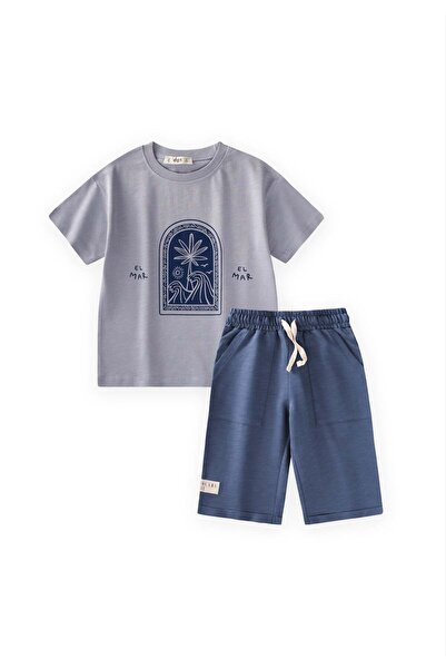 Cigit Abstract Palm Tree Printed Capri Set 2-8 Years Pastel Blue