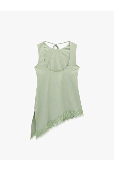 Koton Sleeveless U-Neck Asymmetrical Cut Ruched Satin Blouse with Back Tie De...