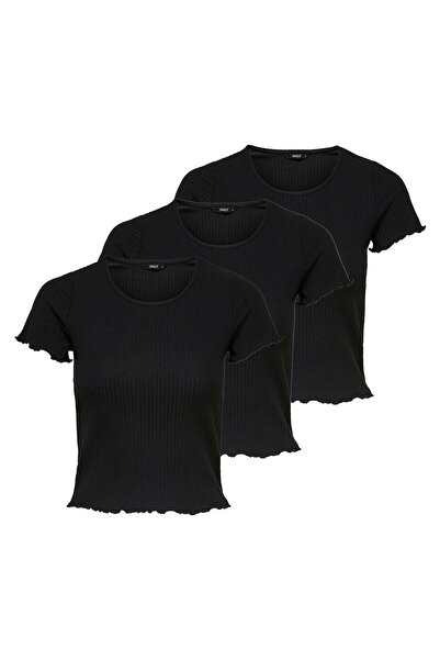 ONLY Damen T-Shirt 3er Pack - ONLEMMA SHORT TOP, Rundhals, Cropped, gerippt, ...