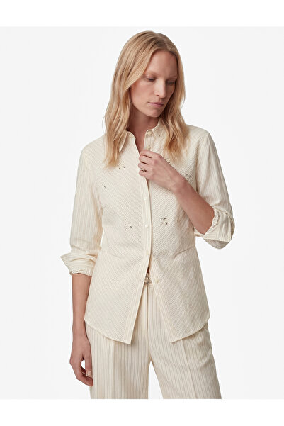 Koton Regular Fit Uzun Kollu Klasik Yaka Çiçek Nakışlı Düğmeli Çizgili Gömlek