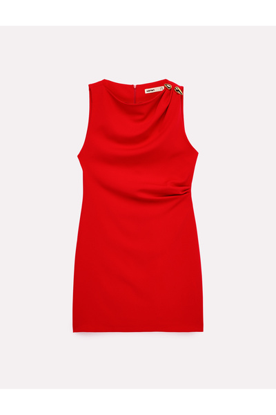 Koton Crew Neck A-Line Accessory Detail Sleeveless Mini Dress