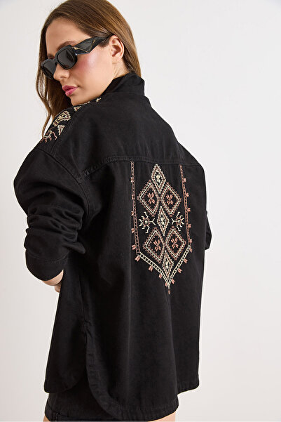 Olalook Women's Black Shoulder and Back Embroidery Detailed Cotton Gabardine ...