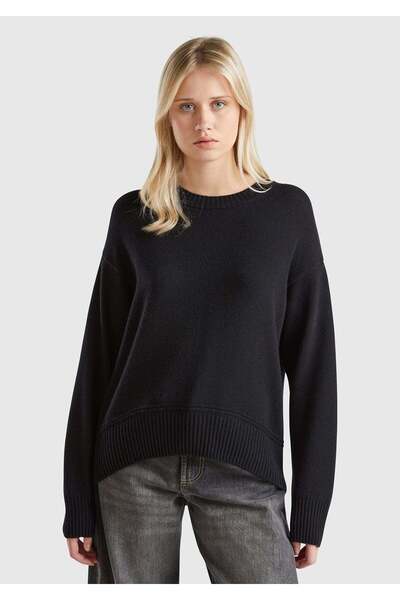 United Colors of Benetton Black Wool Blend Wide Crew Neck Sweater Model Code:...