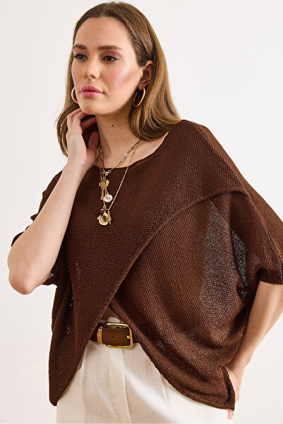 Olalook Kadın Kahverengi Önü Anvelop Merserize Triko Bluz BLZ-19003276