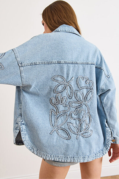 Olalook Women's Light Blue Leaf Embroidery Sequin Washed Denim Jacket Ckt-190...