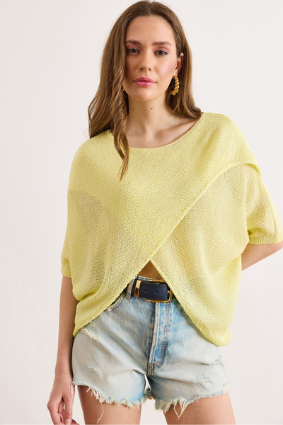 Olalook Women's Yellow Wrap-Front Mercerized Knitwear Blouse Blz-19003276