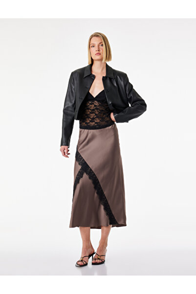 Koton Asymmetrical Cut Lace Detailed Midi Flared Satin Skirt