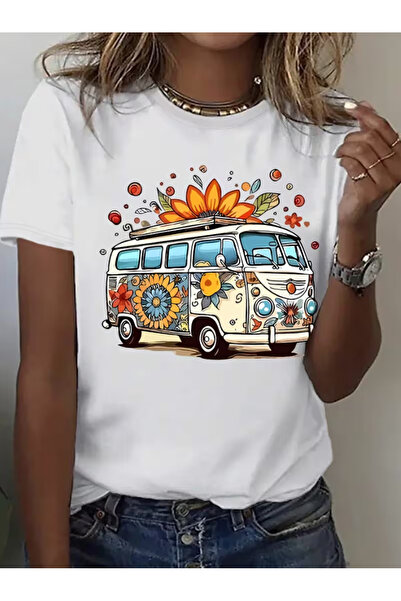 LİNA06 Women's Fashion Round Neck T-Shirt, Vintage Floral Bus Print Round Nec...