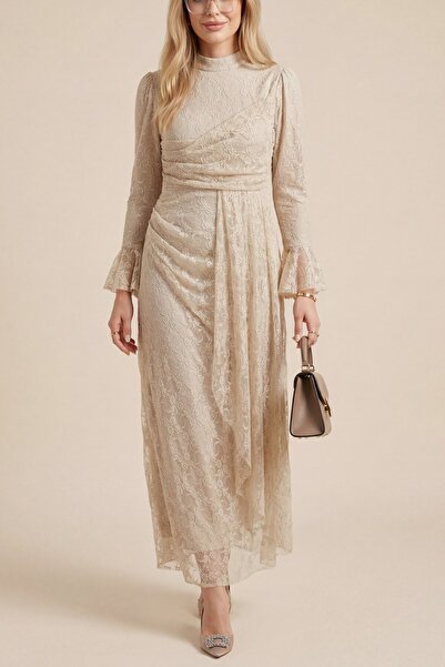 MissRunin Kol Manşeti Volanlı önü Drapeli Astarlı Dantel Elbise