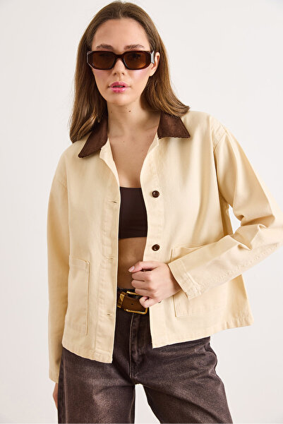 Olalook Women's Cream Collar Detailed Gabardine Jacket with Pocket Ckt-19000520