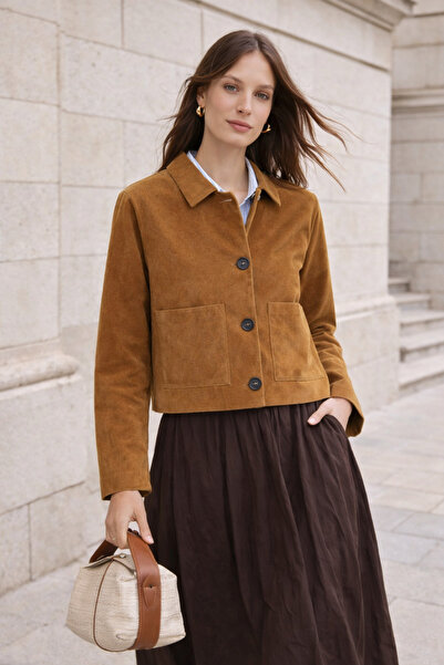 Polo State Camel Shirt Collar Women's Suede Look Jacket