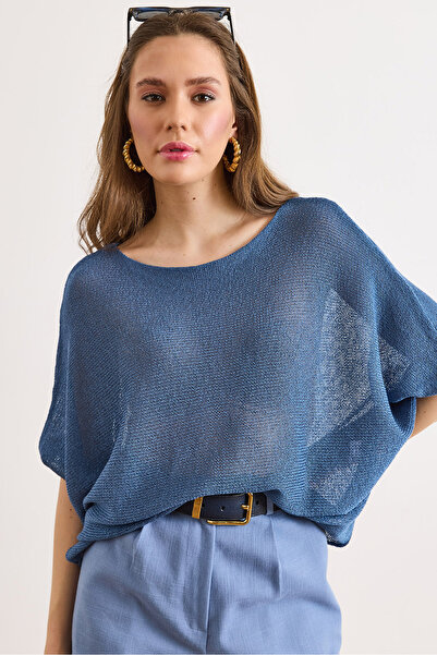 Olalook Women's Indigo Boat Neck Bat Mercerized Knitwear Blouse Blz-19003277