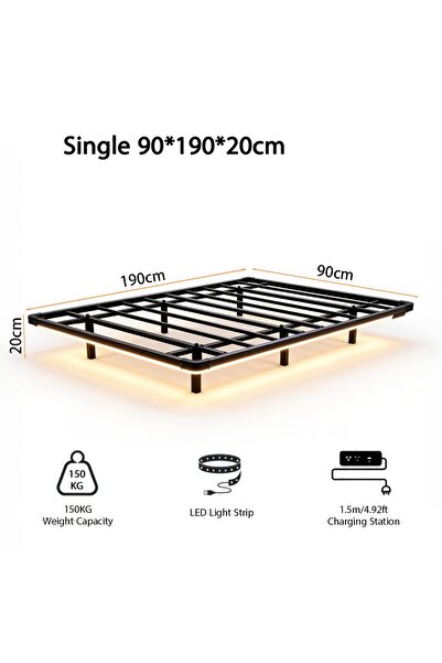 Yanara modern bed: floating metal frame, smart LEDs, charging hub. Easy setup...
