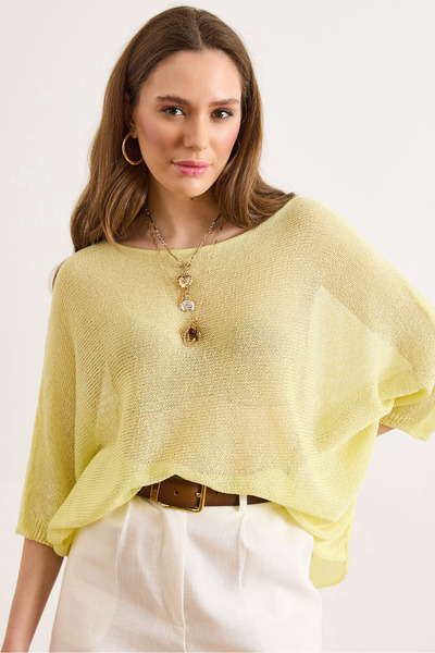 Olalook Women's Yellow Boat Neck Bat Mercerized Knitwear Blouse Blz-19003277