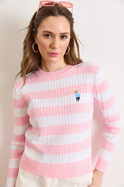 Olalook Bluză tricotată cu dungi și broderie cu ursuleț roz Candy pentru feme...