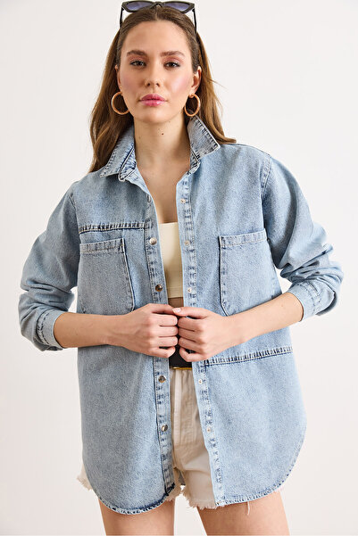 Olalook Women's Light Blue Double Pocket Snap Closure Denim Shirt Jacket Ckt-...
