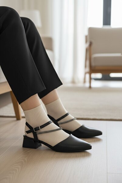 enoch Women's Pointed Toe Thin Stone Chain Detailed Low Square Heeled Open Ba...