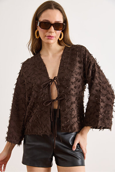 Olalook Women's Brown Textured Seasonal Jacket with Tie Detail Ckt-19000518