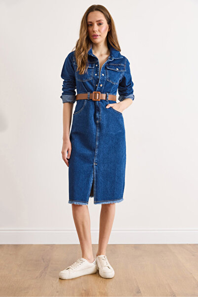 Olalook Women's Dark Blue Belted Pocketed Front Slit Midi Denim Dress Elb-190...