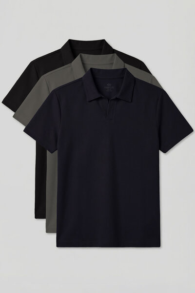 TOMMY LIFE Ανδρικό T-Shirt Casual Form Polo Neck 3-pack Μαύρο-Χακί-Ναυτικό Μπ...