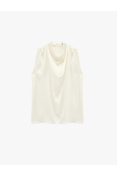 Koton High Collar Sleeveless Satin Blouse with Draped Detail