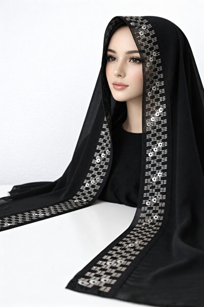 Ceylan Tel Kırma El İşlemeli ve Pullu Siyah Şifon Mevlüt Örtüsü – Lüks ve Öze...