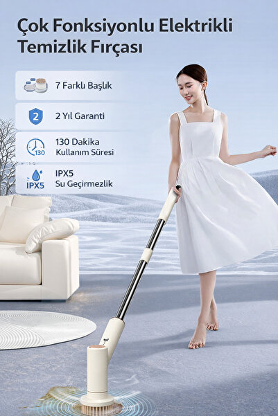 MOPPAK 7 Başlıklı Elektrikli Temizlik Fırçası Şarjlı Mop Seti Teleskopik Saplı