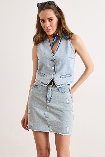 Olalook Γυναικεία ανοιχτό μπλε μίνι τζιν φούστα με τσέπες και σκισίματα λέιζε...