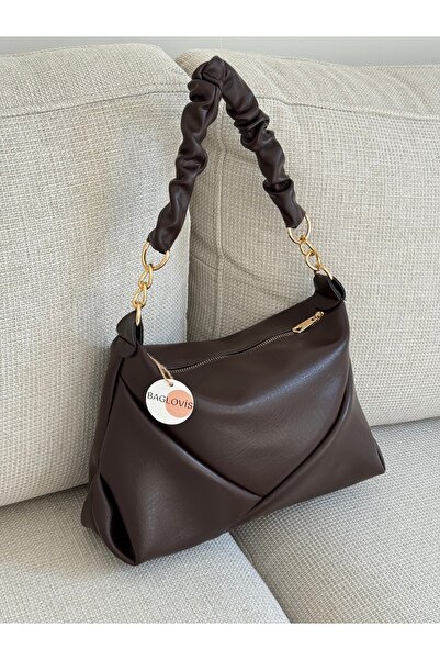 BAGLOVİS Дамска кафява чанта за рамо с връзки за пристягане и детайл от златн...