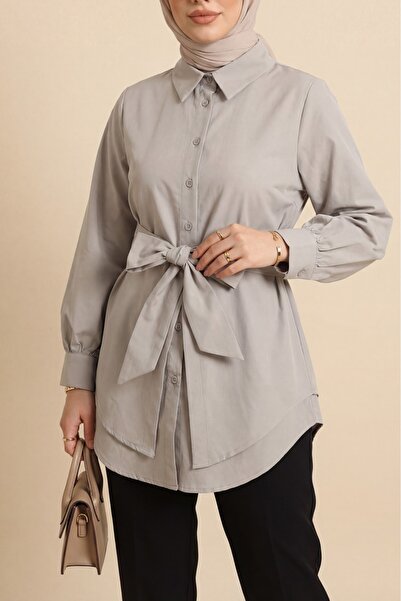 Modamorfo Self-belted poplin tunic - stone