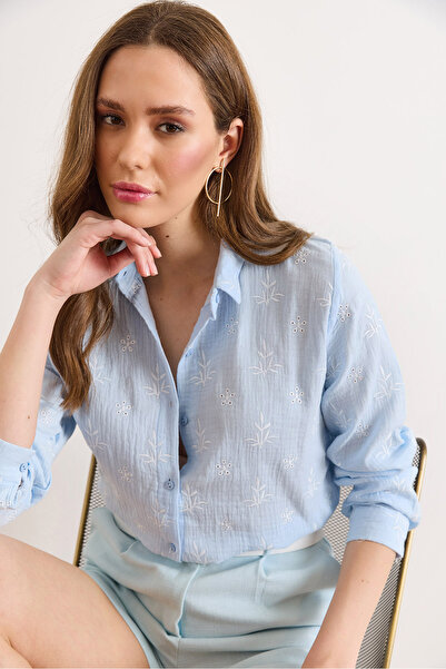 Olalook Women's Baby Blue White Embroidery Detailed Muslin Shirt Gml-19001333