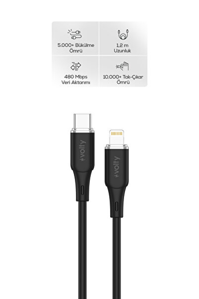 Volty Type-C to Lightning iPhone Şarj Kablosu | 30W PD Hızlı Şarj, 480Mbps, 1...