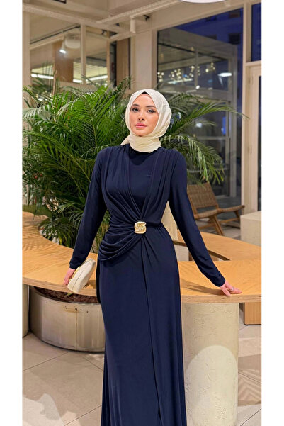 Butik Lacivert Sendi Kumaş Likralı Elbise Modelimiz