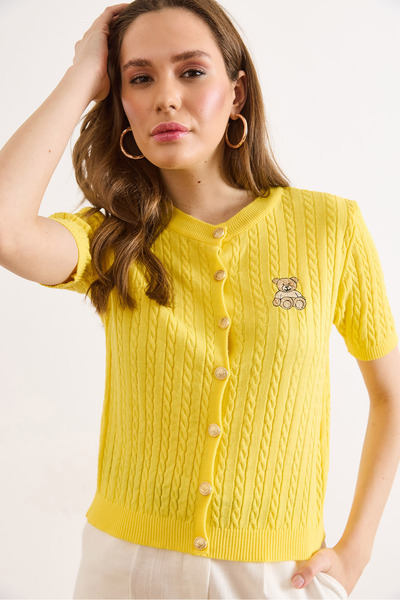 Olalook Women's Yellow Embroidered Hair Knit Short Sleeve Knitwear Cardigan H...