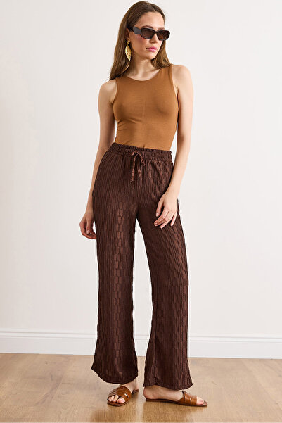 Olalook Γυναικείο καφέ παντελόνι με ελαστική μέση, υφή και φαρδιά μπατζάκια P...