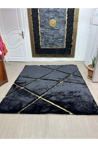 SANCAK DERİ HALI MODERN GOLD VARAKLI SİYAH PELUŞ HALI