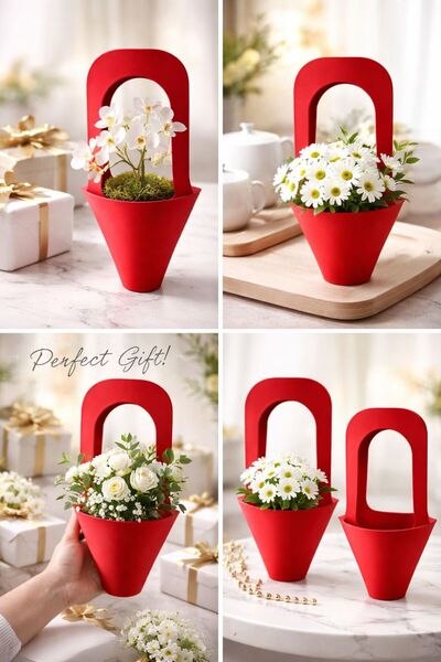 Orbak Kağıt حقيبة حمل الزهور والزجاجات باللون الأحمر الفاخر - حقيبة هدايا مزخ...