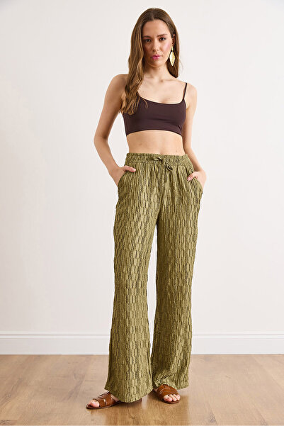 Olalook Pantaloni de damă kaki, cu talie elastică, textură fluidă și picior l...