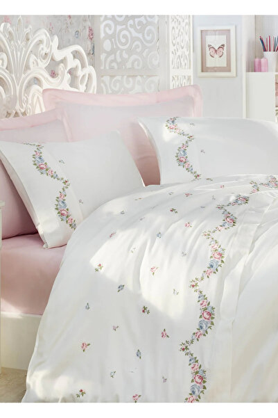 Dantela Lara Embroidered Double Layer Cotton Satin Duvet Cover Set - King Size