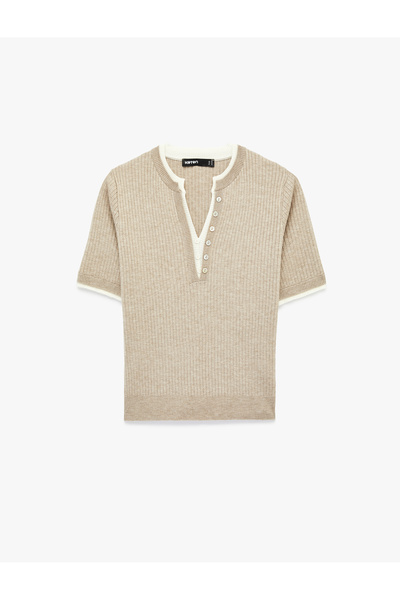 Koton Buttoned Bicycle Double Collar Short Sleeve Viscose Knitwear Sweater