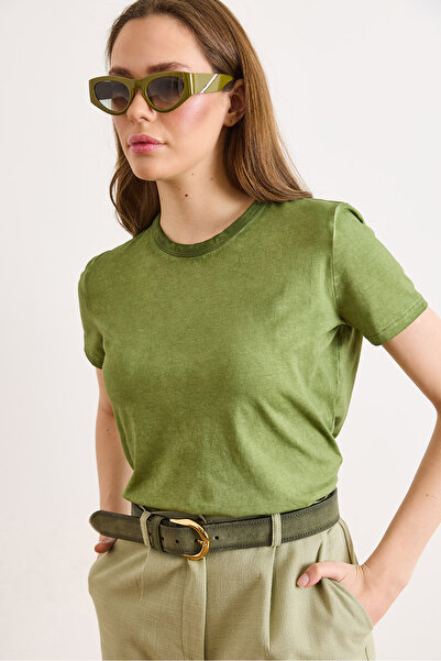 Olalook Γυναικείο πράσινο μπλουζάκι με λαιμόκοψη ποδηλάτου, ελαστικό, πλυμένο...