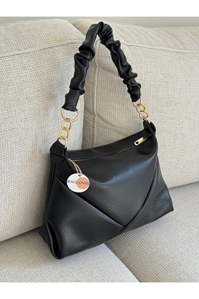 BAGLOVİS Γυναικεία μαύρη τσάντα ώμου με κορδόνι περίσφιξης, με λεπτομέρεια απ...